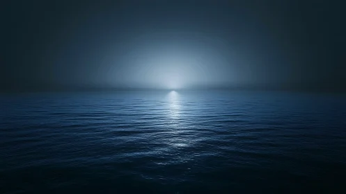 Blue ocean horizon with distant bright light at night.