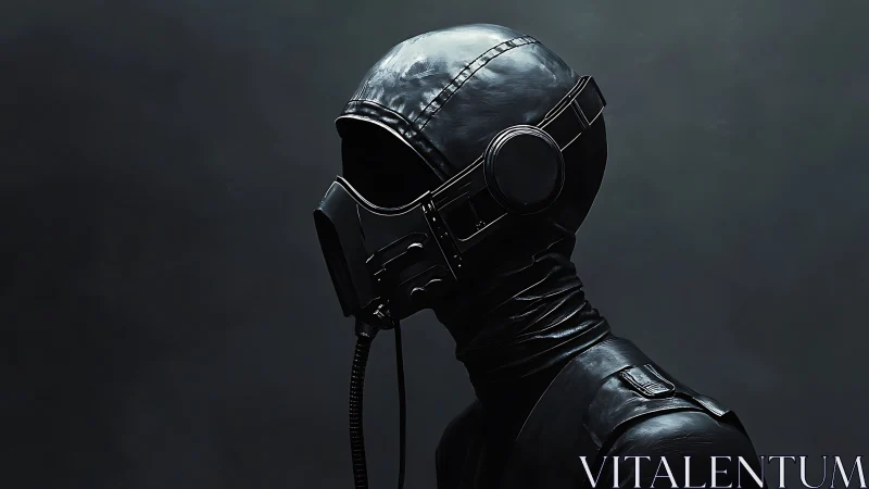Cybernetic figure in black respirator suit faces void