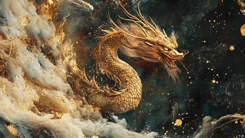 Golden serpentine dragon in swirling abstract space field.