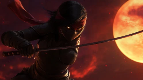 Masked ninja warrior poised before burning red moon.