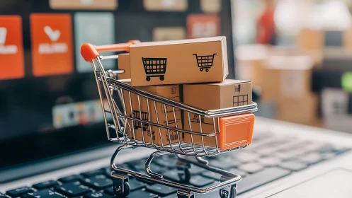 Miniature shopping cart symbolizes streamlined online retail
