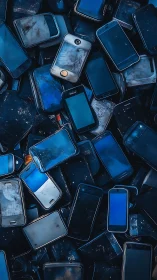 Photorealistic grid of discarded smartphones in tight vertical stack.