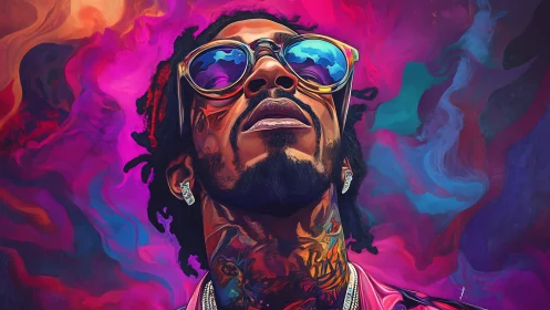 Neon-hued digital portrait renders a reflective urban icon