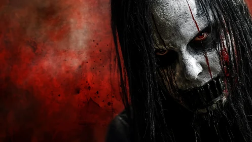 Horror portrait shows bloodstained skull face in shadowed glare.