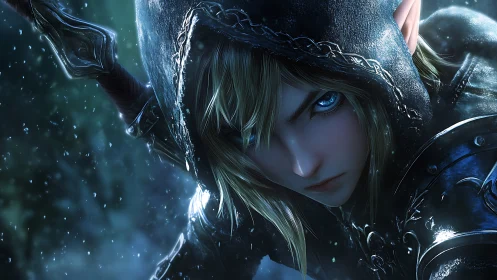 Hooded elven ranger in icy luminance, high-detail digital render.