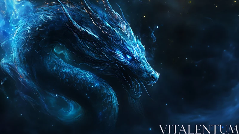 Celestial blue dragon coils through luminous cosmic vapors