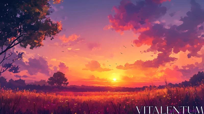 Spectral-gradient sunset over meadow with volumetric clouds.