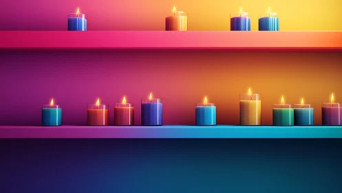 Cozy rainbow candles glowing on colorful modern shelves.