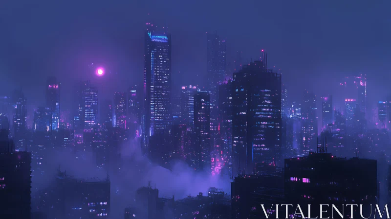 Neon mist metropolis under a violet synthetic moonrise.