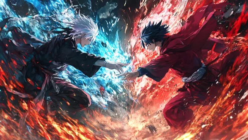 Elemental duel between fire warrior and ice warrior.