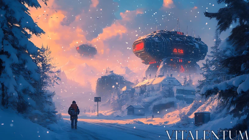 Snowbound traveler approaching glowing sci fi fortress.