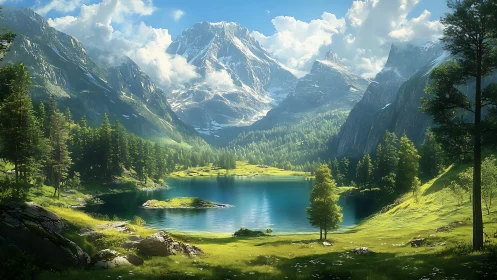 Glacial basin lake with alpine conifers under volumetric light.