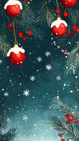 Red Christmas ornaments with pine branches in snowfall
