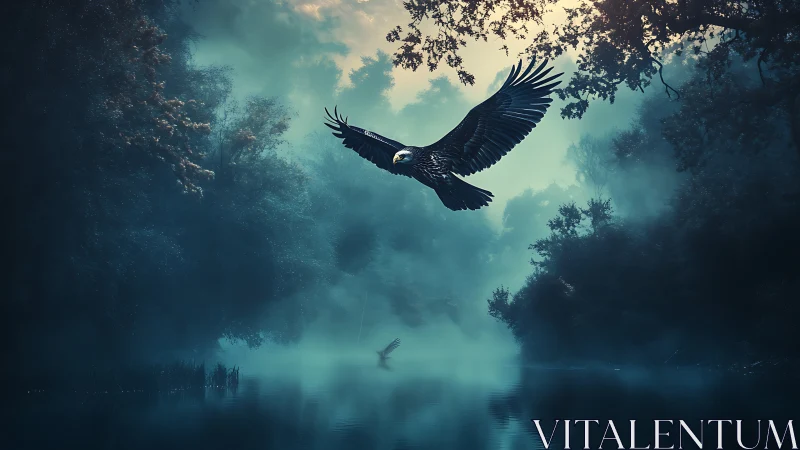 Majestic eagle soars over misty forest river at dawn