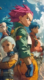 Defiant anime heroes stand united beneath a vast alien sky