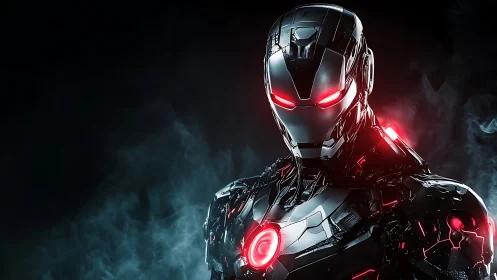 Cybernetic armored warrior stands in glowing red-lit smoke