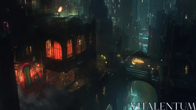 Rain-soaked neon alleyways in towering cyberpunk sprawl.