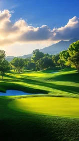 Sunlit golf fairways with sculpted bunkers and dynamic shadows