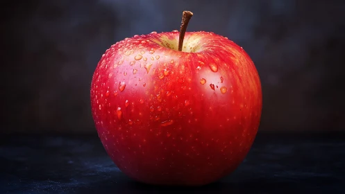 Macro photographic study of dew‑covered red eating apple.