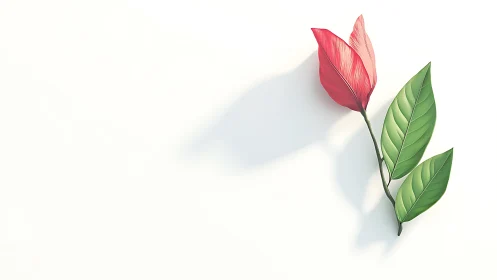 Single red flower stem with green leaves on bright background