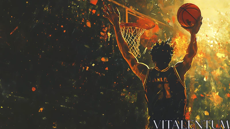Kinetic digital painting of explosive basketball dunk moment.