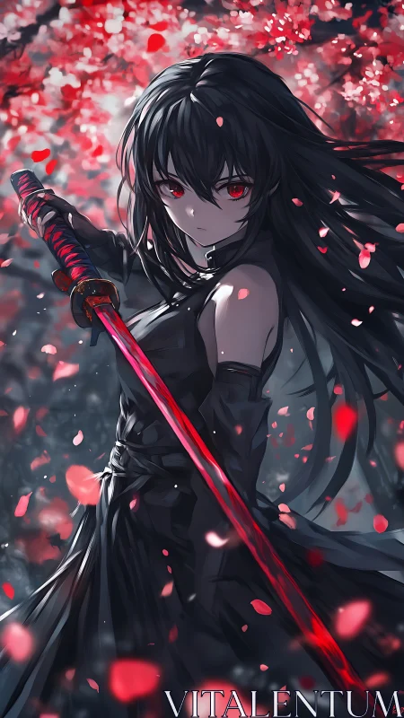 Crimson-eyed swordswoman beneath swirling sakura storm.