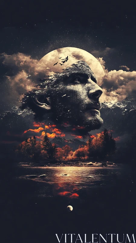 Moonlit stone visage over fiery autumn lake dreamscape.