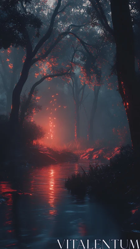 Nocturnal Forest Fire: Luminous Undergrowth with Aquatic Reflection