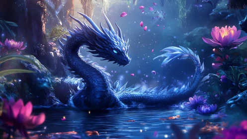 Crystal blue serpent dragon coils through glowing forest pool