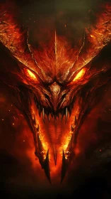 Infernal horned demon visage in symmetrical firelit closeup