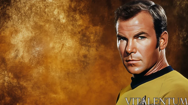 Photorealistic starship officer portrait on textured gold field.