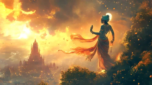 Celestial deity walks toward a radiant golden temple realm