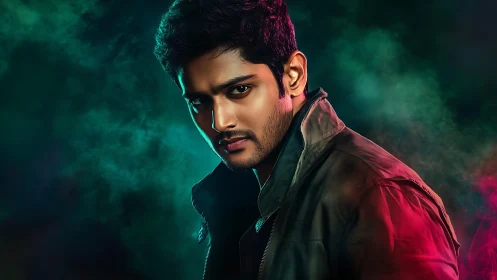 Photorealistic moody portrait with neon rim lighting treatment.