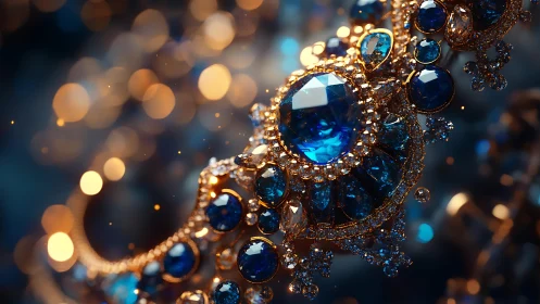 Close-up of ornate blue gemstone and gold jewelry piece.