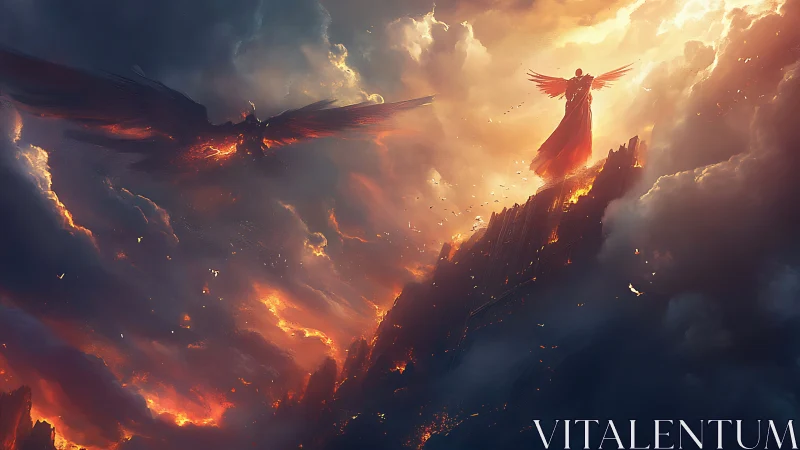 Radiant winged guardian watching over a fiery clouded sky.