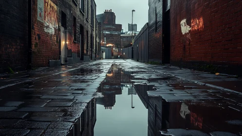 Rain-soaked urban alley with reflective puddles at dusk.