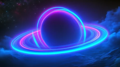 Neon ringed planet drifting through a dreamy cosmic tide.
