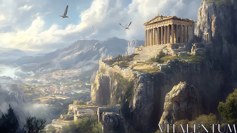 Sunlit Greek acropolis perched above a dreamy valley.