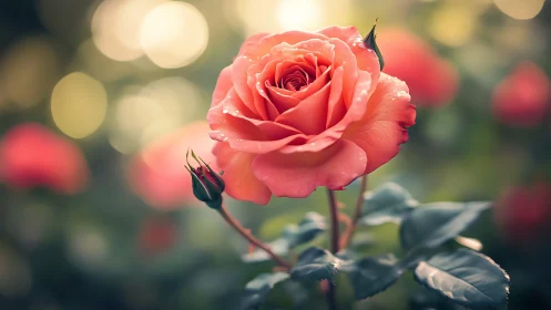 Coral rose macro portrait in soft bokeh garden light.
