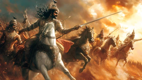 Warriors charge on armored horses in fiery battle scene.