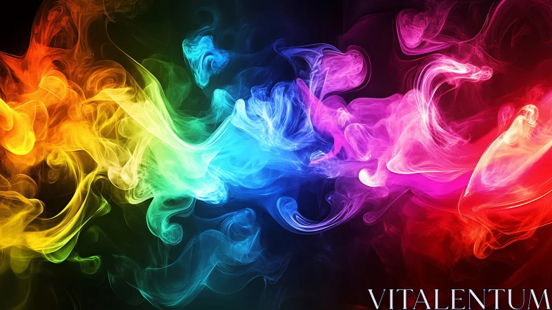 Prismatic smoke currents merge across deep black field