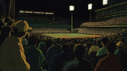 Under stadium lights, packed crowd watches night baseball game.
