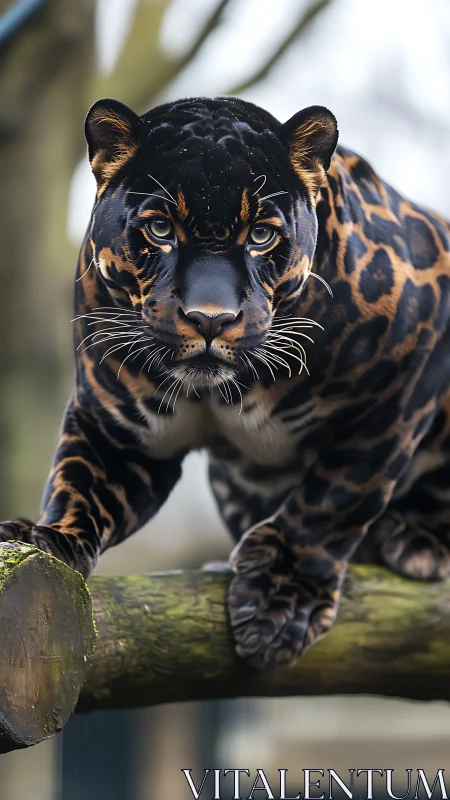 Black Jaguar Portrait: Intense Golden-Eyed Predator on Weathered Branch.