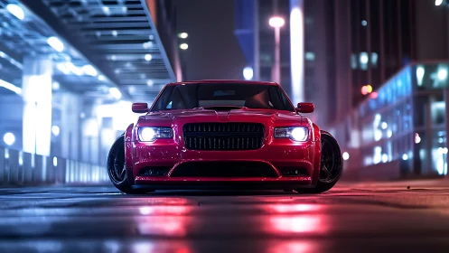 Low-slung red sports sedan glows under neon city lights.