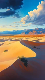 Golden desert dunes glow softly beneath dramatic evening clouds