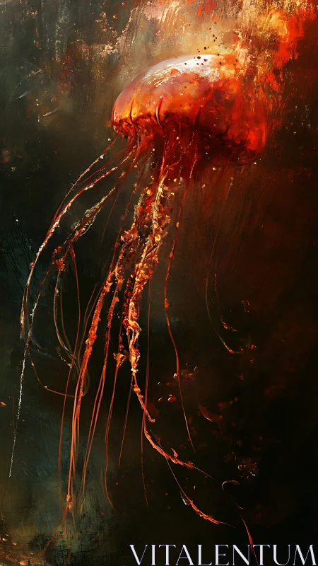 Luminous ember jellyfish drifts through a dark painted sea
