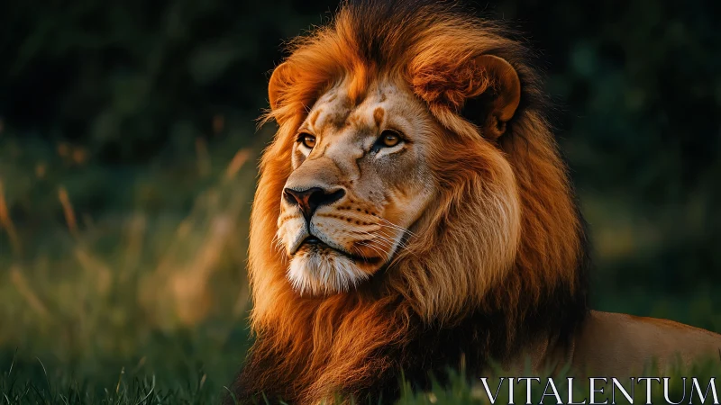 Telephoto wildlife portrait of male lion in golden sidelight.