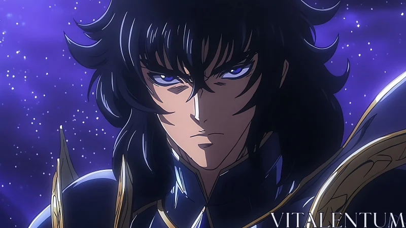 Stoic anime warrior gazing into a glowing starry night sky.