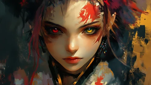 Heterochromatic warrior portrait in vivid digital brushwork