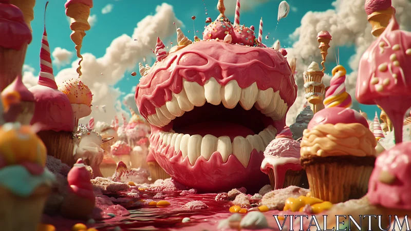 Giant candy monster dominates surreal dessert landscape.